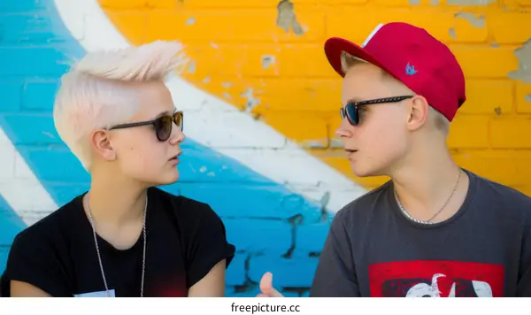 Two people having a conversation in front of a colorful wall