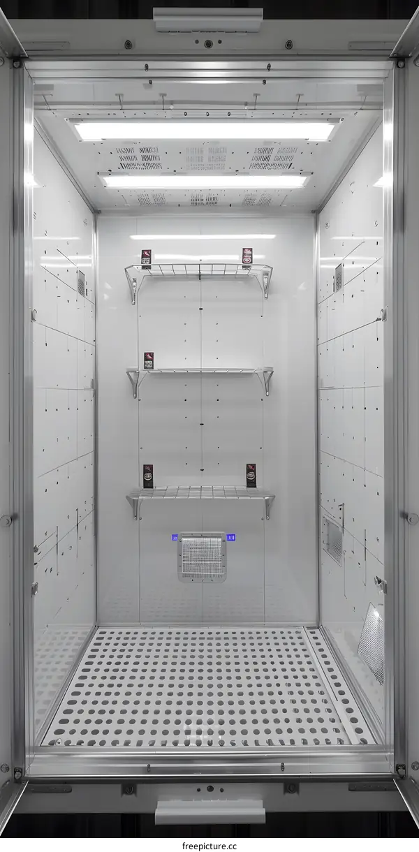 Empty White Clean Room with Perforated Floor and Shelves