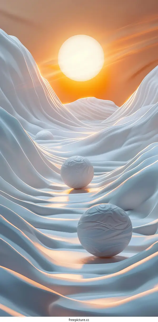 Three White Spheres in a Surreal Sunset Landscape