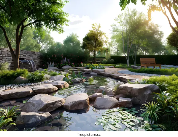 A beautiful garden with a pond, rocks, and a bench