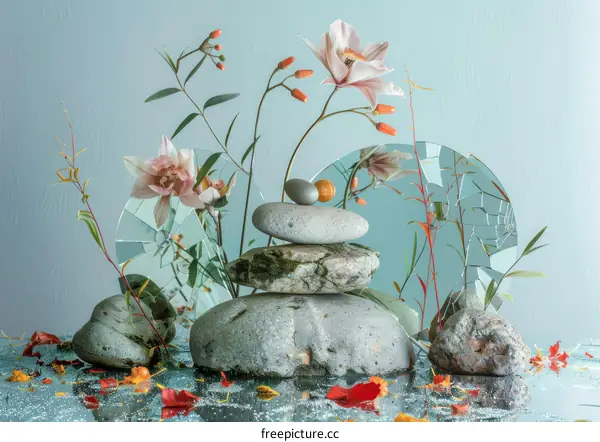 Still life with rocks, flowers, and water