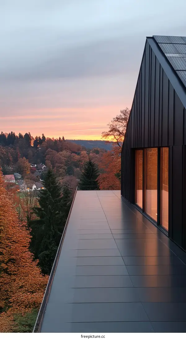 Modern Rooftop Terrace at Sunset with Autumn Foliage