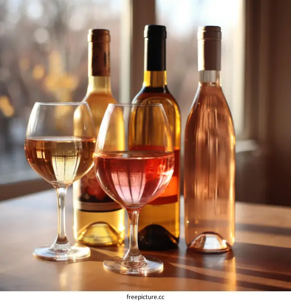 Four glasses and three bottles of wine on a wooden table