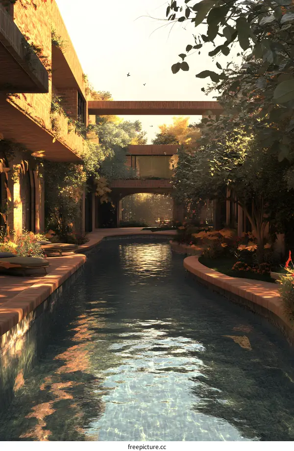 Modern architecture with a pool and trees