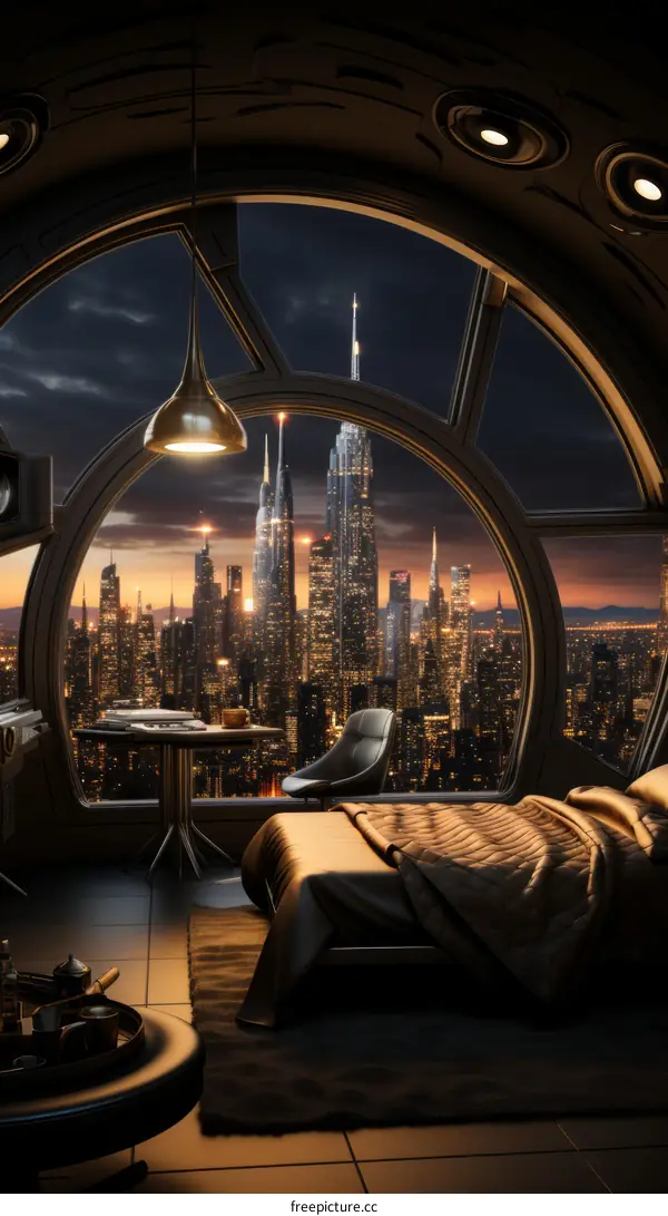 Futuristic city night view from a bedroom window
