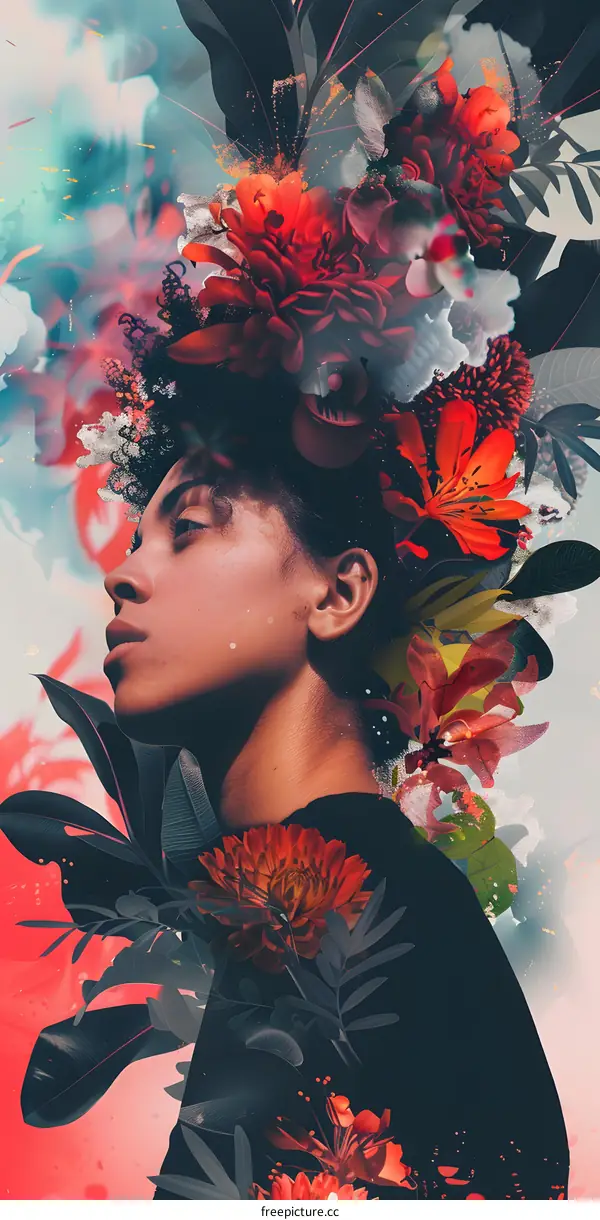 Woman with Flowers in Hair Abstract Digital Art