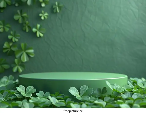 Green podium with clovers for St Patrick's Day. 3D rendering.