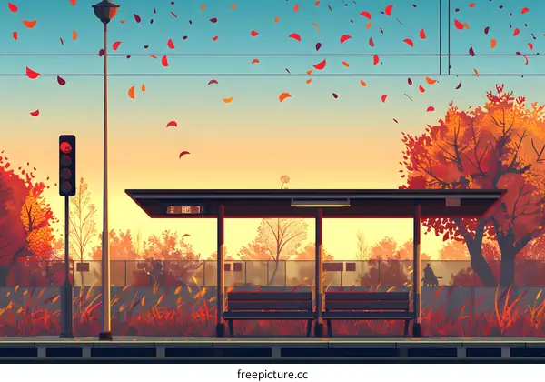 Autumn Leaves Falling at Bus Stop