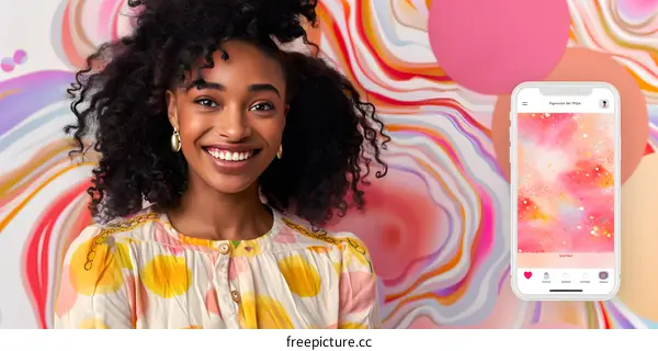 Smiling Woman in Front of a Colorful Abstract Background
