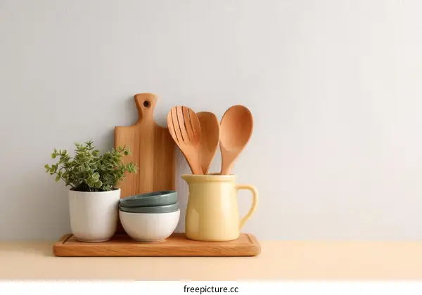 Wooden Kitchen Utensils and Bowls on a Light Beige Surface