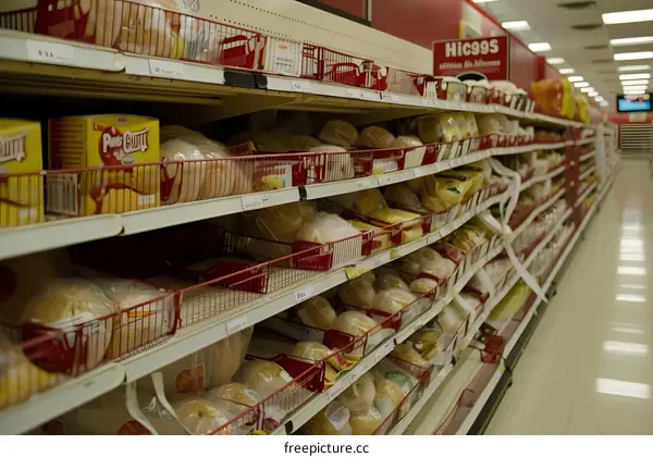 Grocery Store Aisle Full Of Bread and Other Food Items