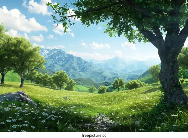 The green hills are carpeted with wildflowers against a blue sky