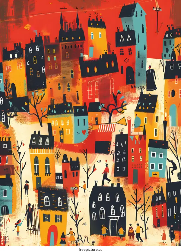 Colorful Illustrated Town with People