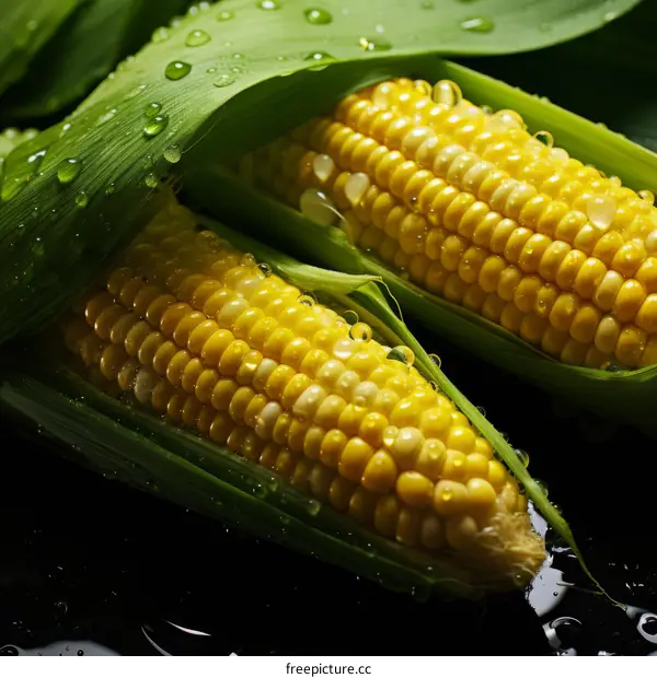 Fresh Corn Cobs with Water Droplets and Green Leaves