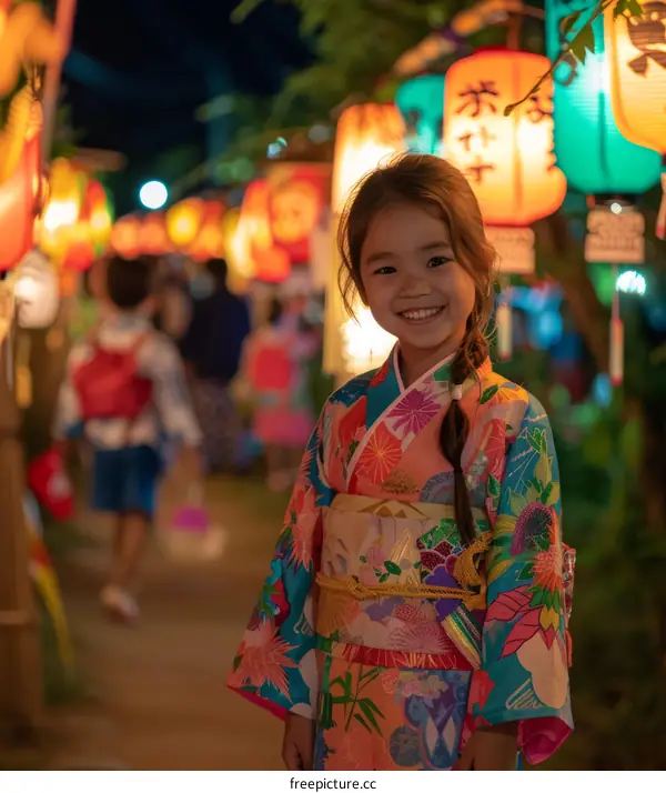 A young girl wearing a kimono smiles while standing under a row of colorful lanterns.