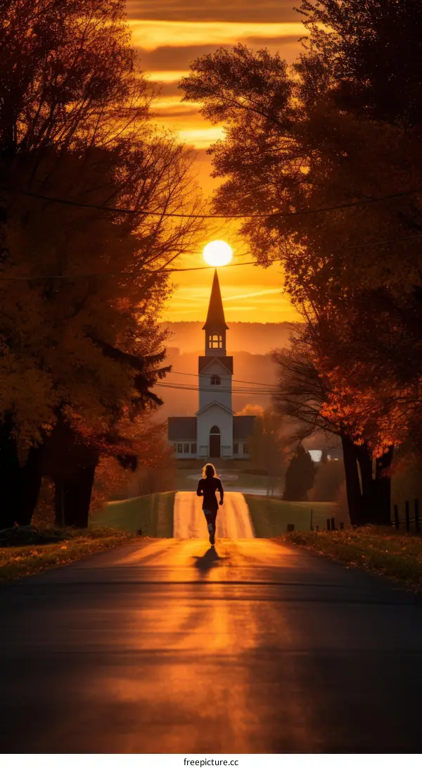 Runner on a country road at sunset with a church in the distance