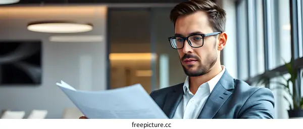 Serious Businessman Reading Documents in Office