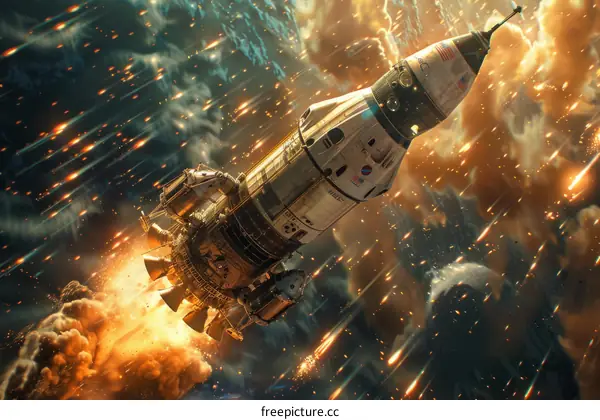 Rocket Launch from a Planet Against a Starry Background