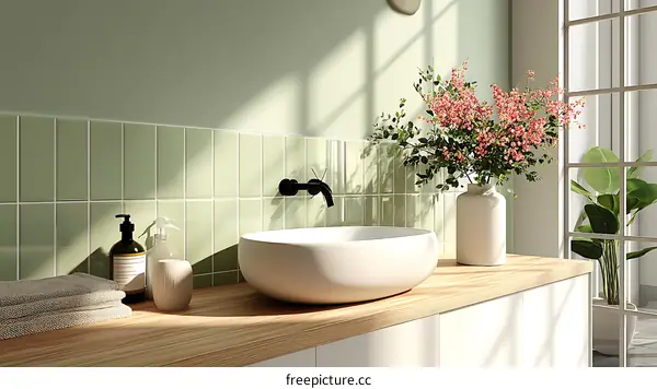 Modern Minimalist Bathroom with Soft Sage Green Tiles