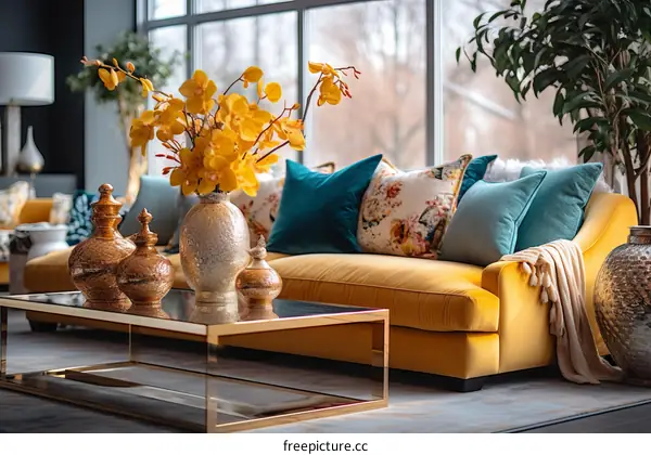 Inviting Living Room with Yellow Sofa and Blue Pillows