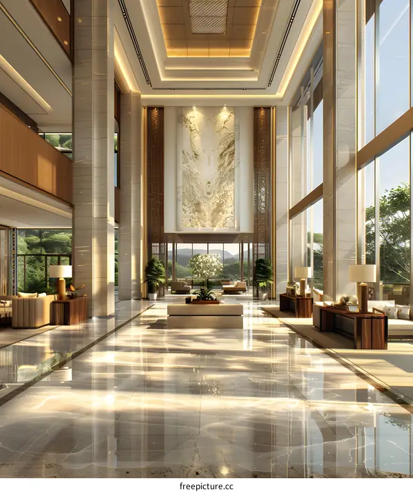 Modern hotel lobby interior with marble floor and big windows