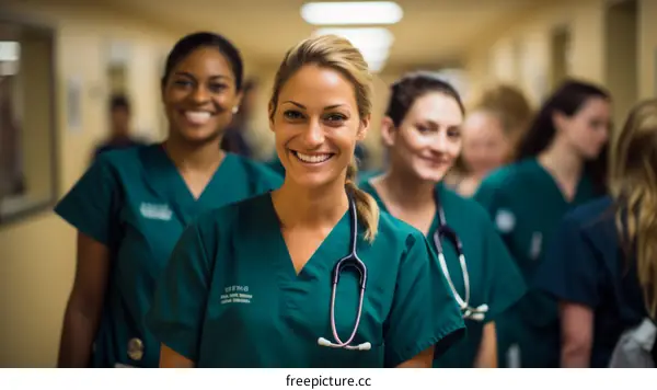 A group of diverse medical professionals smiling in a hospital hallway