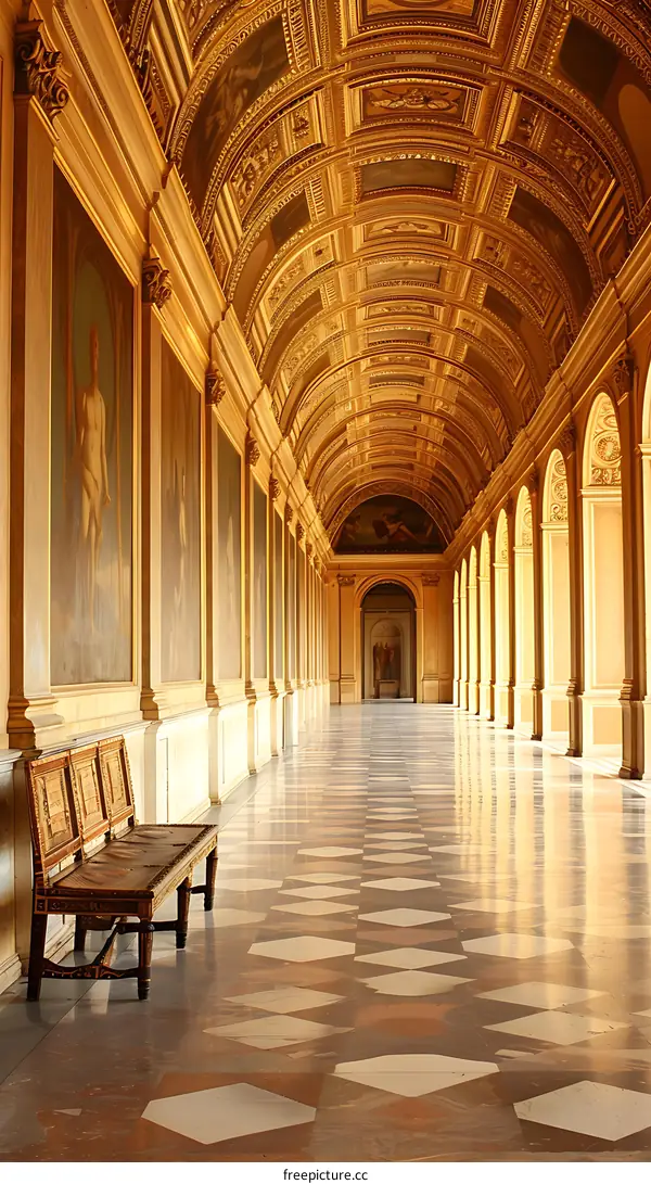 Golden Ceiling and Ornate Floor in a Grand Palace Hallway