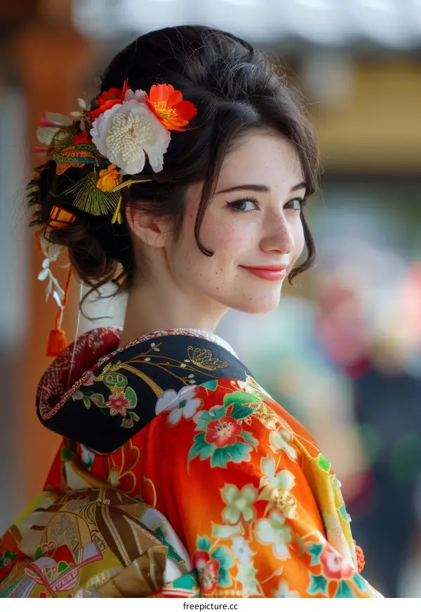 Portrait of a beautiful Japanese woman in traditional kimono