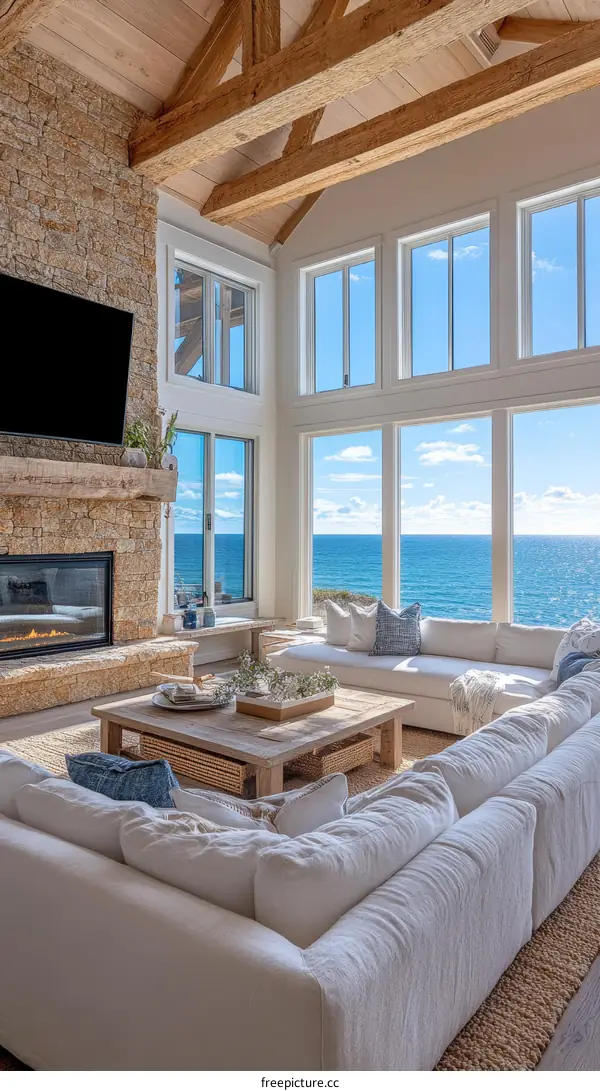 Coastal Living Room with Large Windows and Beams