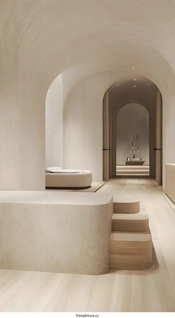 Modern Minimalist Interior Design of a Hallway with Arched Entryways