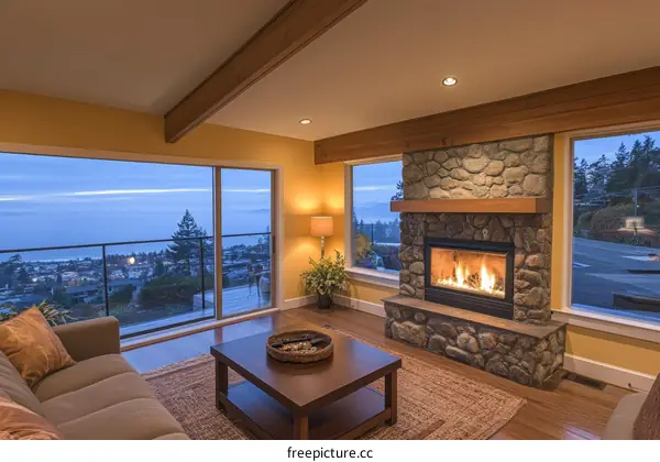 Coastal Living Room with Fireplace and Ocean View