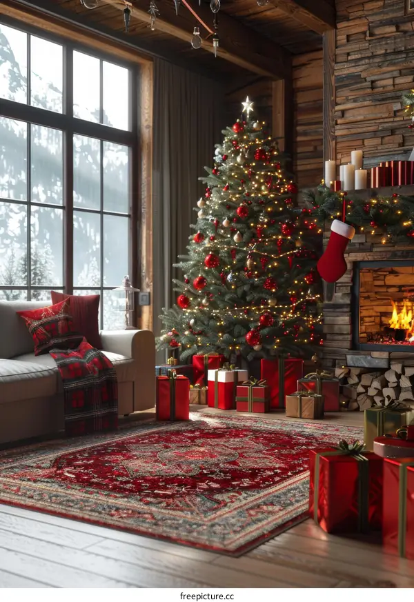 Cozy Christmas Tree by the Fireplace in the Living Room