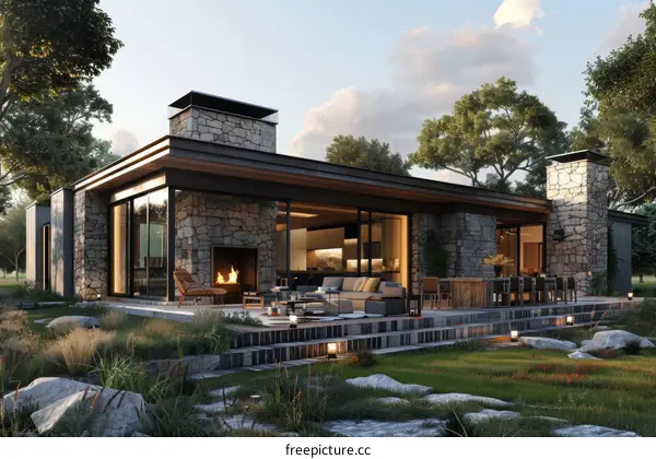 Modern House Exterior Design with Stone and Wood