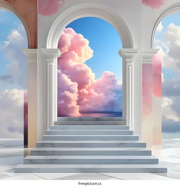 White Marble Staircase Leading to Archway With Clouds