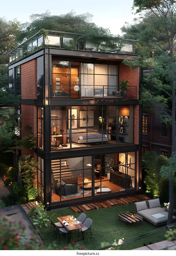 Three-story modern house with green roof and garden