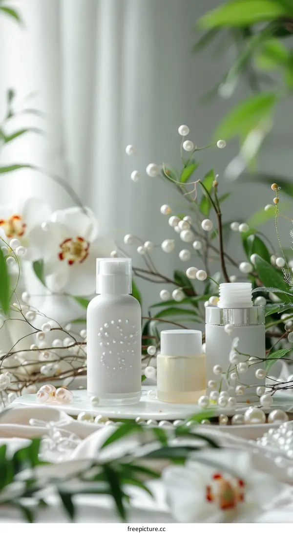 Close-up of Natural Organic Skincare Products with Pearls and Flowers