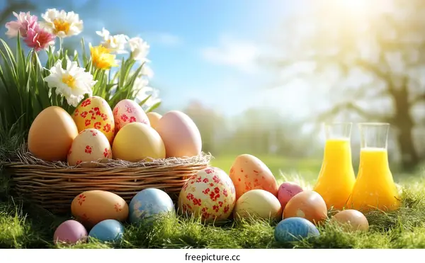 Colorful Easter Eggs in a Basket with Orange Juice