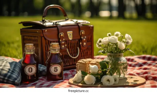 Summer Picnic in the Park with Wicker Basket and Flowers