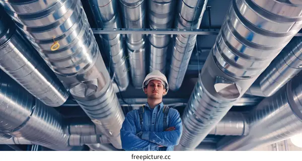 A male engineer standing in a room full of industrial pipes and ducts