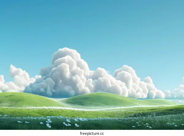 Green rolling hills under a blue sky with white clouds