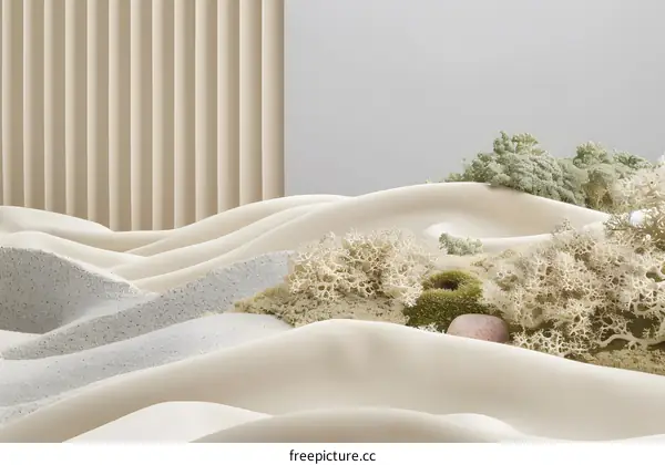 Abstract Minimalist Desert Landscape With White Sand Dunes And Green Plants