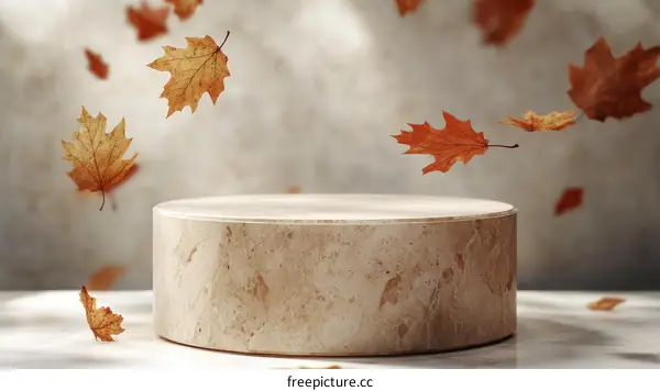 Autumn Leaves Displaying a Beige Cylindrical Podium