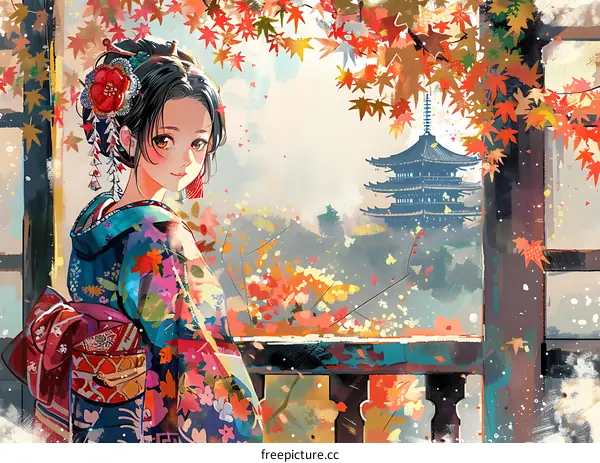A Japanese woman wearing a kimono is standing in a garden.
