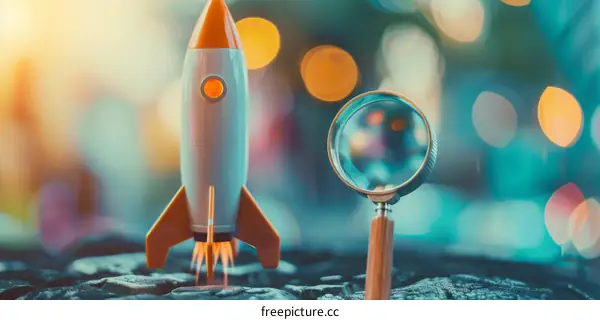 Magnifying Glass and Toy Rocket on Cracked Ground: Exploring the Future