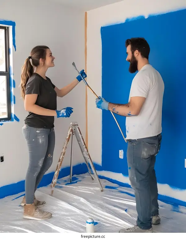 Couple Painting a Room with Blue Paint
