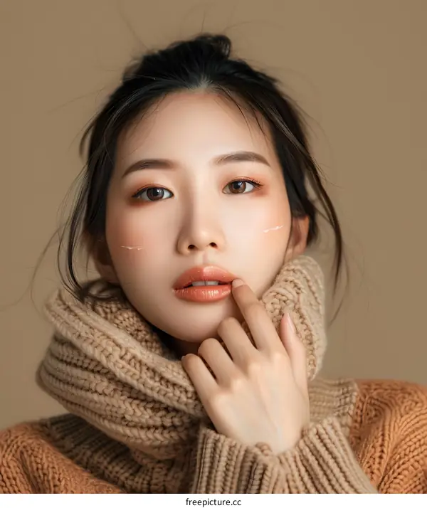 Portrait of a Beautiful Asian Woman Wearing a Brown Sweater