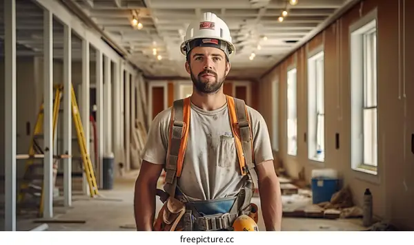 Construction worker in hardhat standing in building under construction
