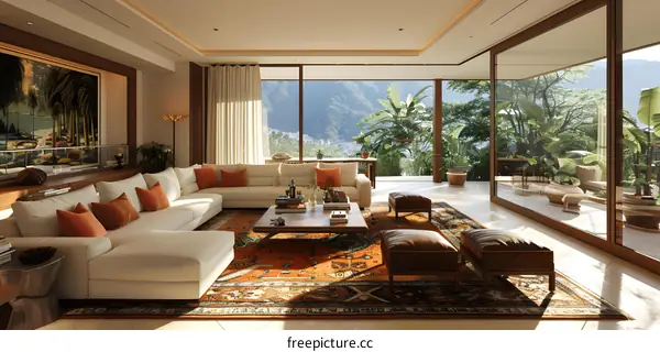 A modern living room with a large oriental rug and a view of the jungle