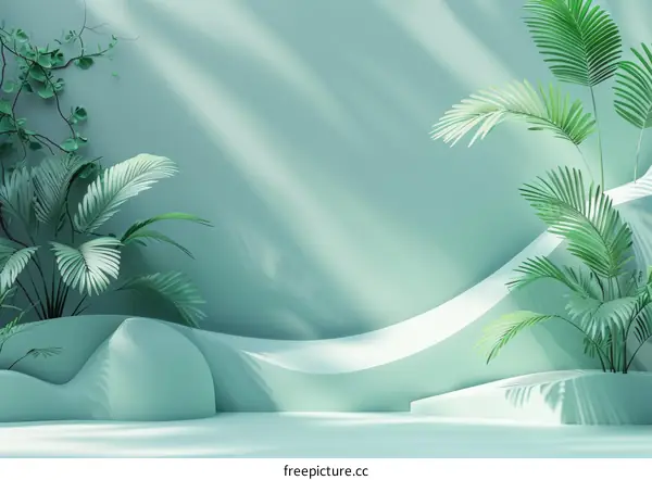 White Podium with Palm Leaves - 3D Rendering