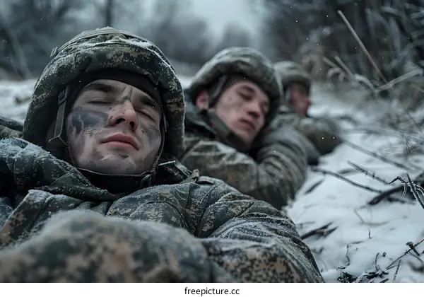 Three soldiers sleeping in the snow